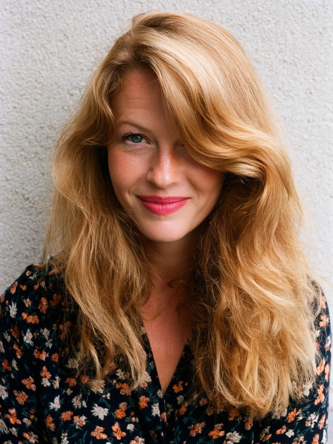 Long Golden Blonde Wavy Layers with Side Bangs